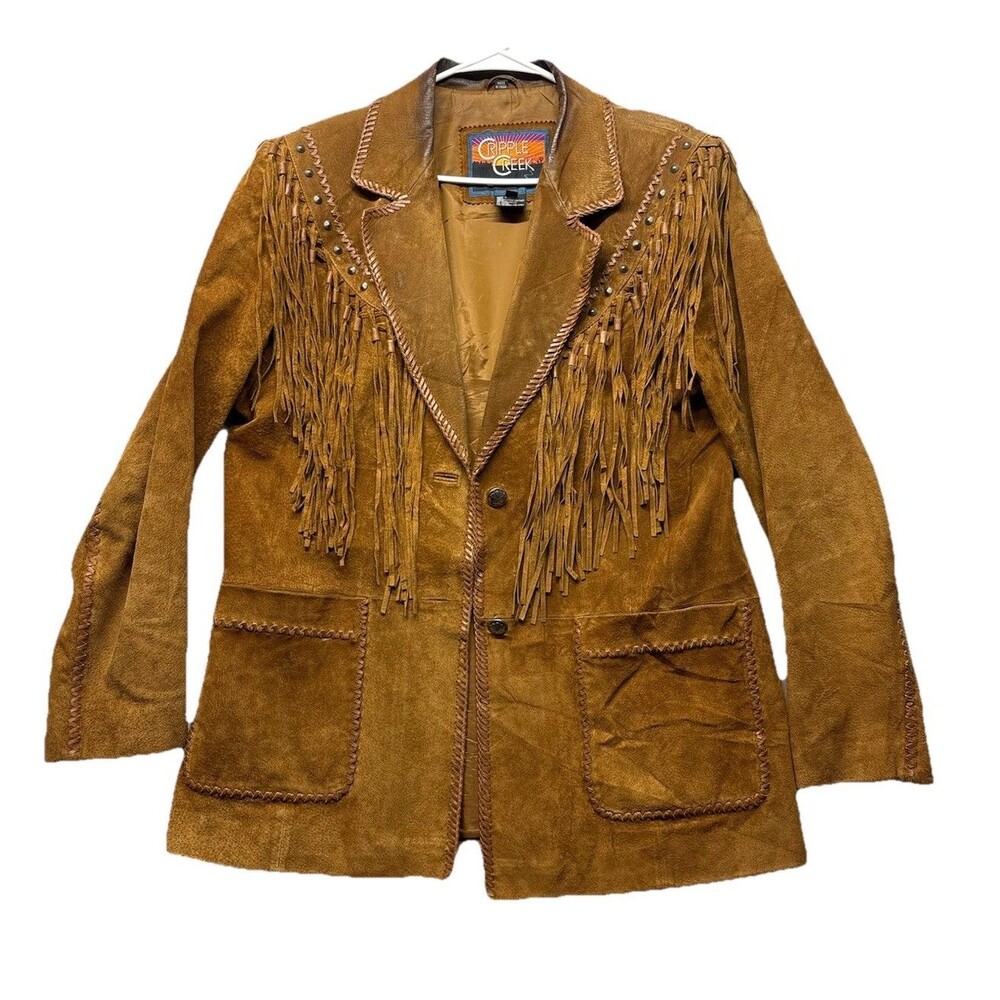 Cripple Creek Women's XL Western Fringe Studded Brown Leather Jacket Rodeo